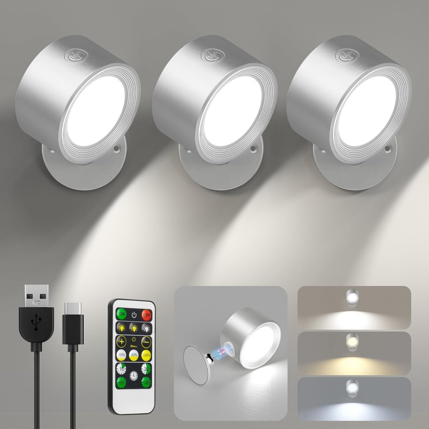 Battery Operated LED Wall Lights with Magnetic Rotation - Dimmable & 3 Colors