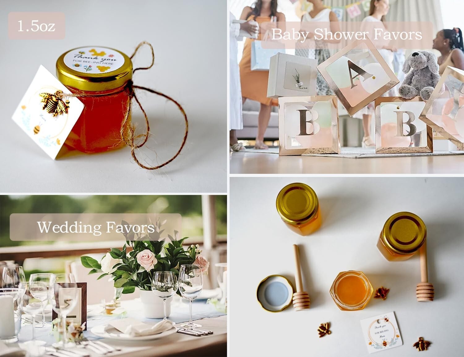 Elegant 1.5 oz Honey Jars with Gold Lids & Wood Dippers for Celebrations
