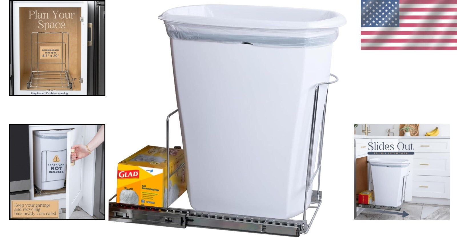 Durable Chrome Finish Pull-Out Trash Bin - Fits 11" W Cabinets, 50 lbs Capacity