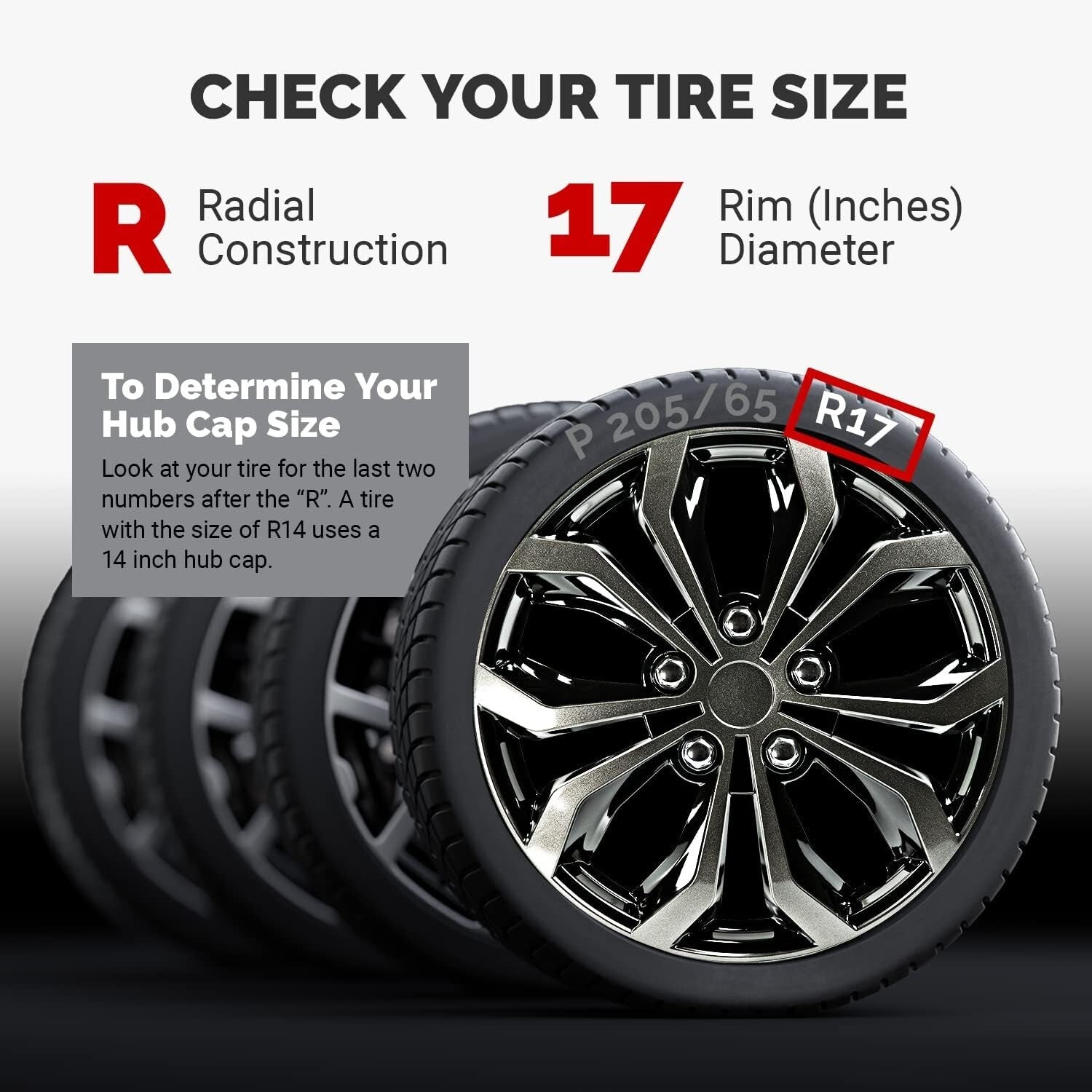 Universal 17 Inch Black & Gunmetal Hubcap Wheel Covers - Set of 4 for Most Cars