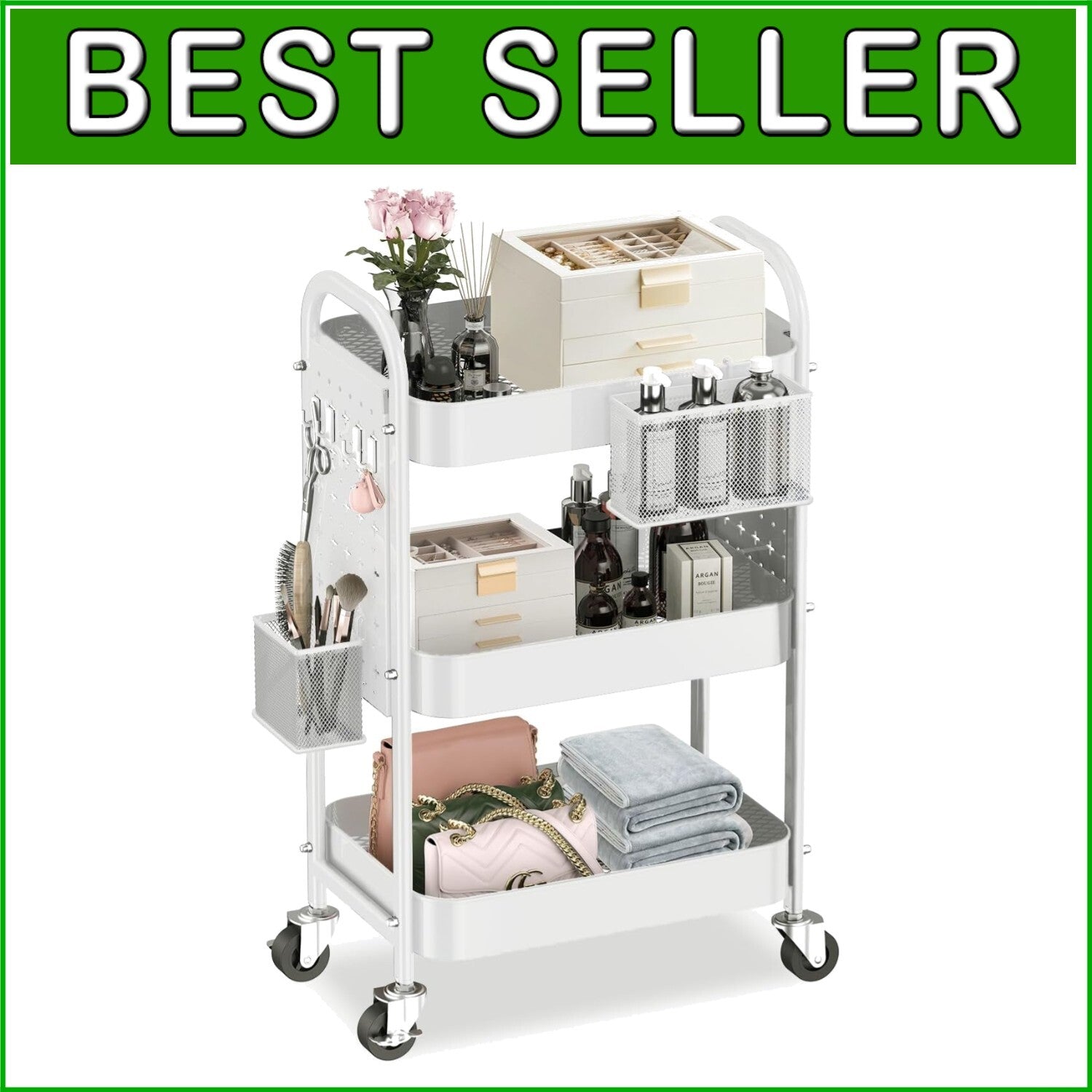 Durable 3-Tier Rolling Cart with Baskets & Hooks - Easy Assembly Required