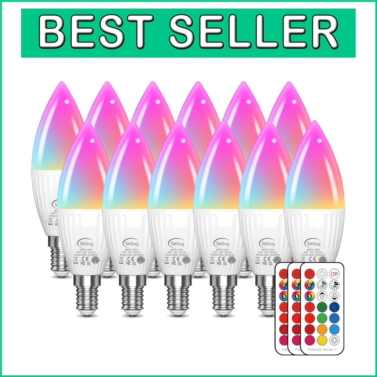 12-Pack Color Changing E12 LED Candelabra Bulbs with Remote Control - 560 Lumens