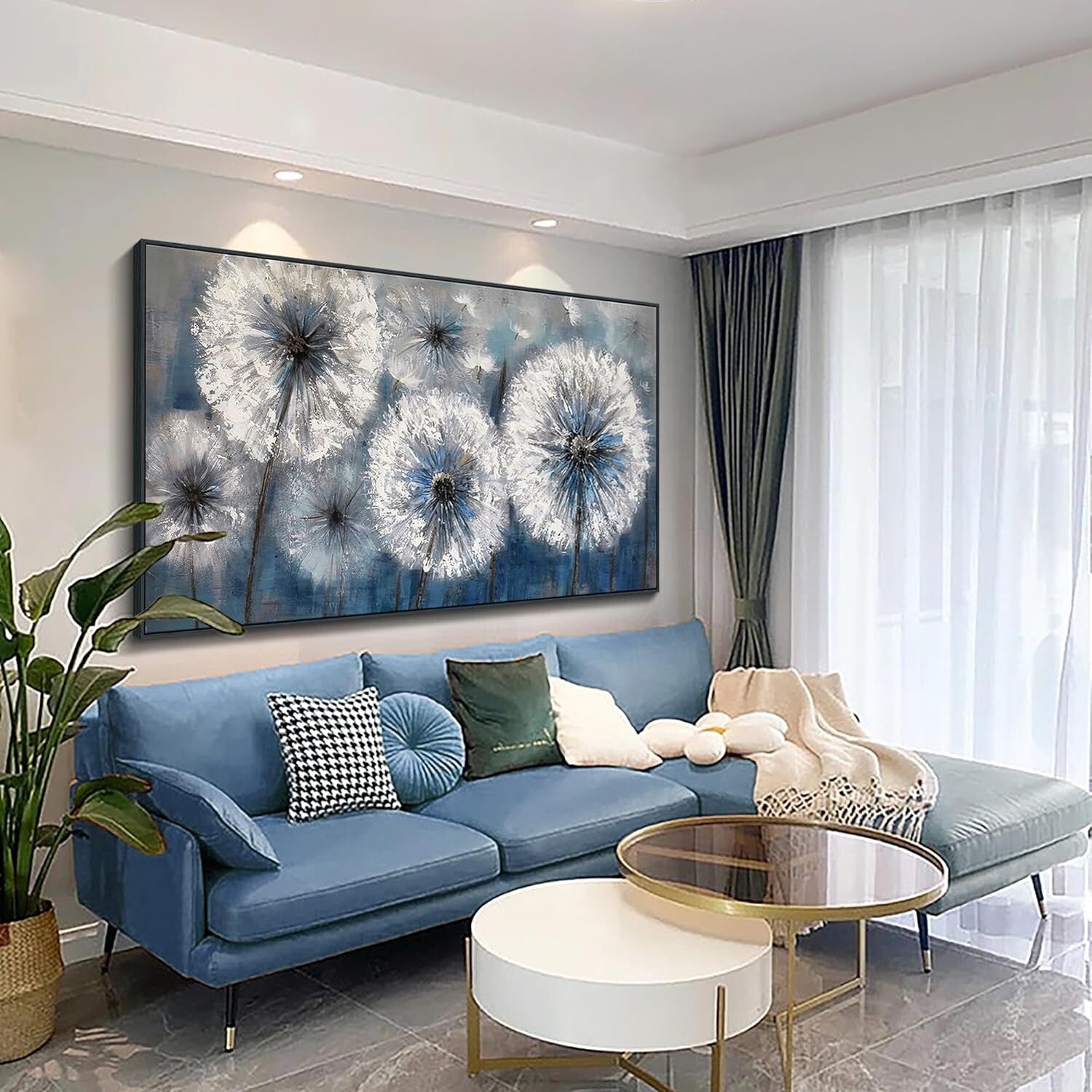 Dandelion Wall Art - Blue Canvas Painting, Framed Elegance for Living Spaces