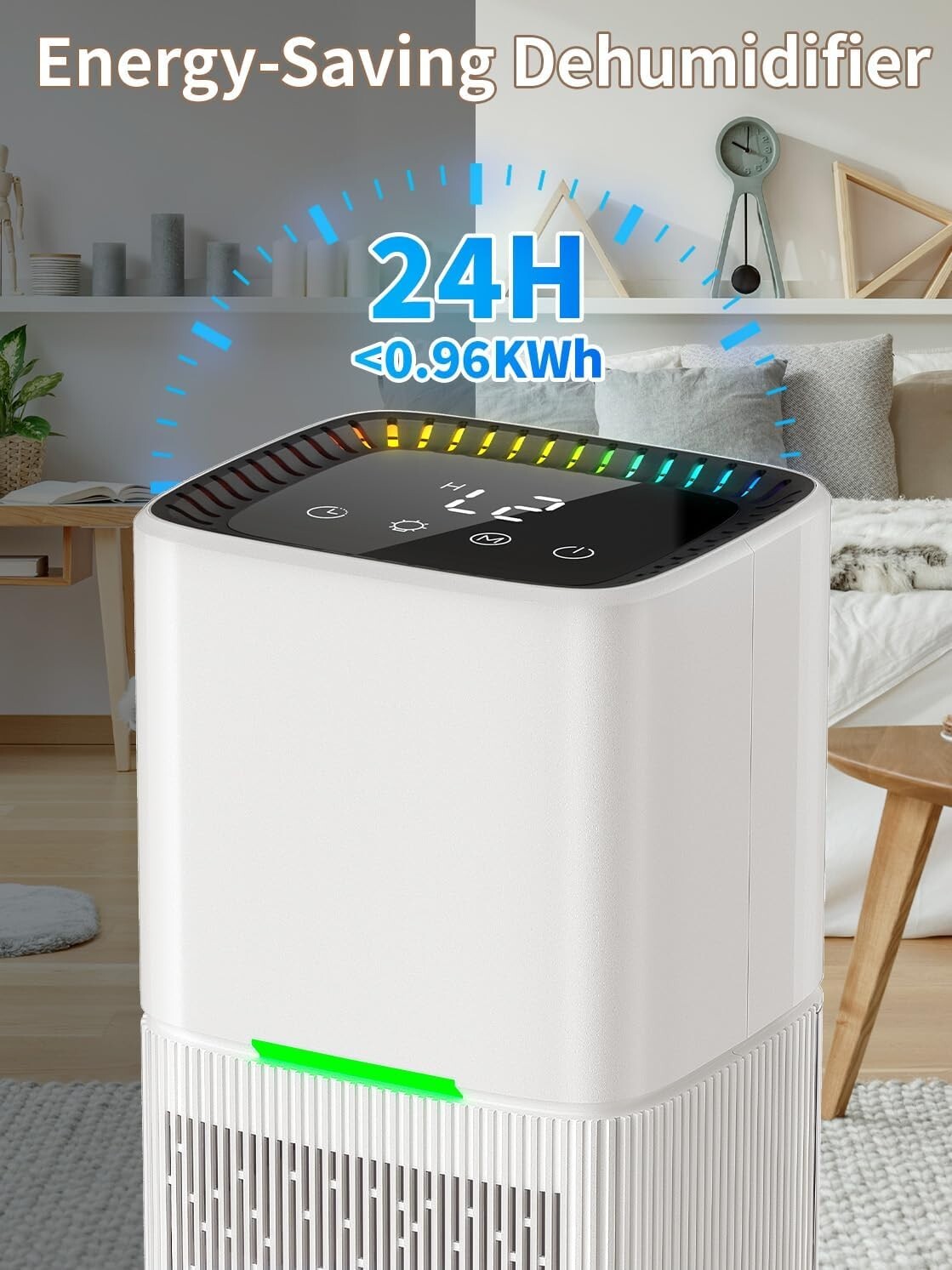 Efficient 500 sq.ft Dehumidifier with Automatic Shut-Off & Colorful LED Lights