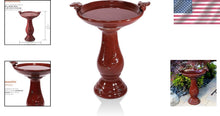 Load image into Gallery viewer, 25" Tall Red Antique Ceramic Birdbath with 2 Bird Figurines – Outdoor Elegance