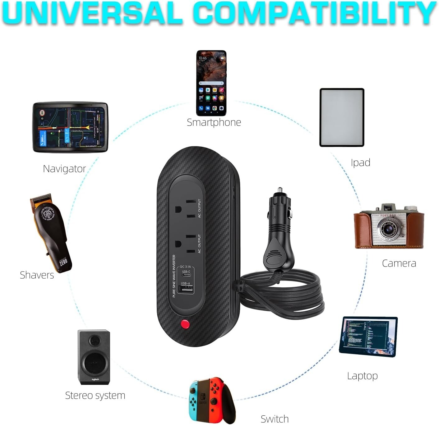 200W Pure Sine Wave Car Power Inverter - Compact Adapter with Dual AC Outlets