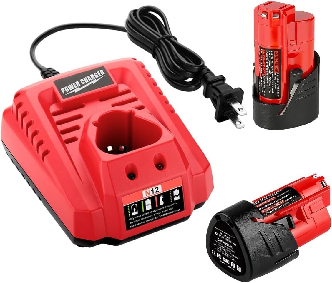 2 Pack 3500mAh Milwaukee M12 Lithium Batteries with Rapid Charger - 12V Power