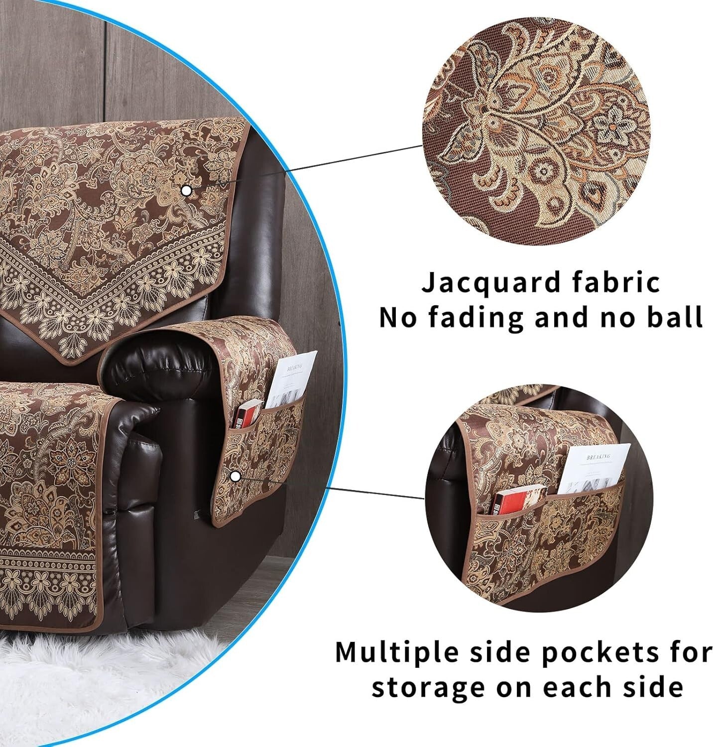 Elegant Waterproof Recliner Chair Covers with Non-Slip Design & Pockets - Brown
