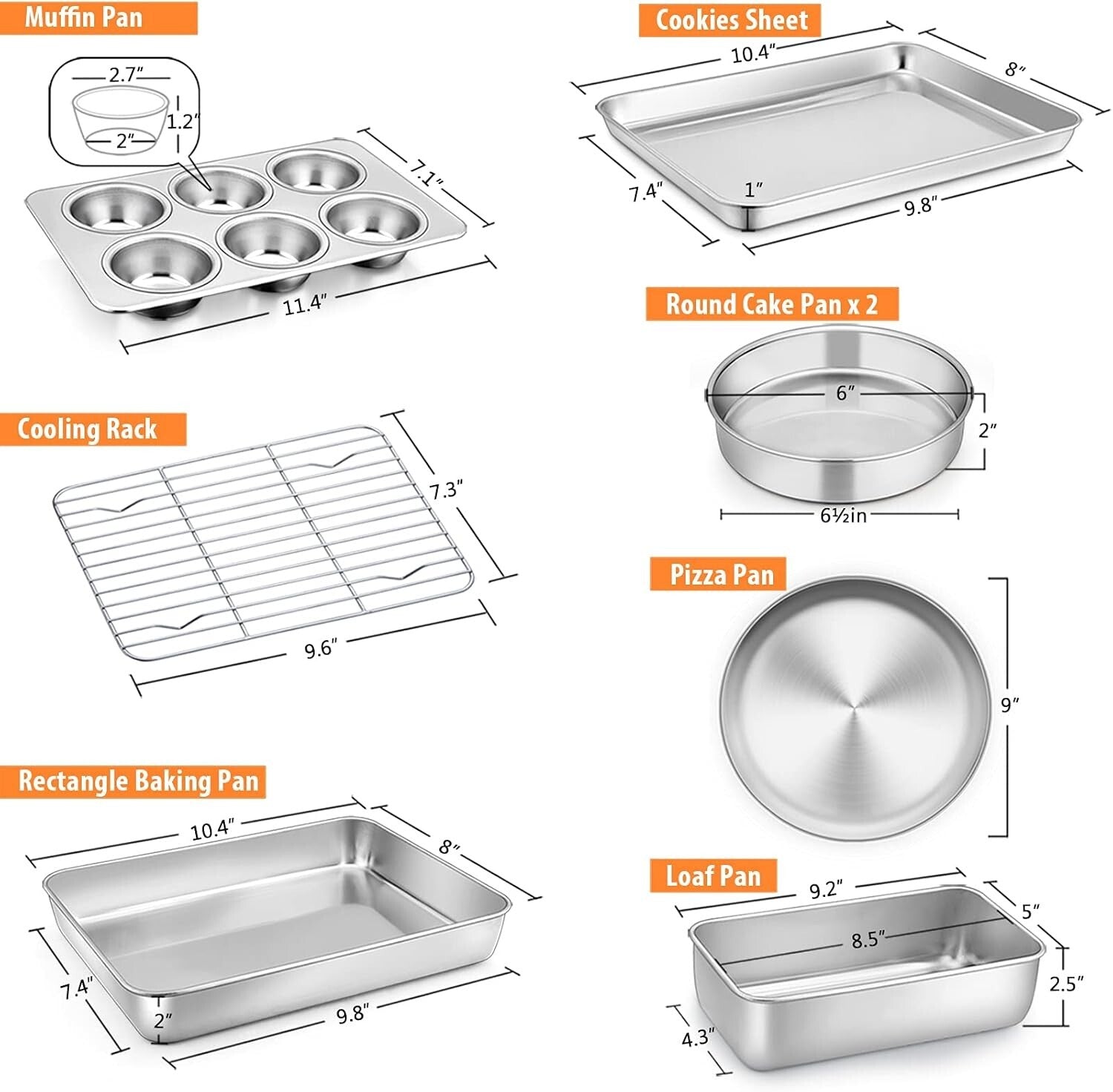 8-Piece Stainless Steel Bakeware Set for Toaster Ovens - Dishwasher Safe