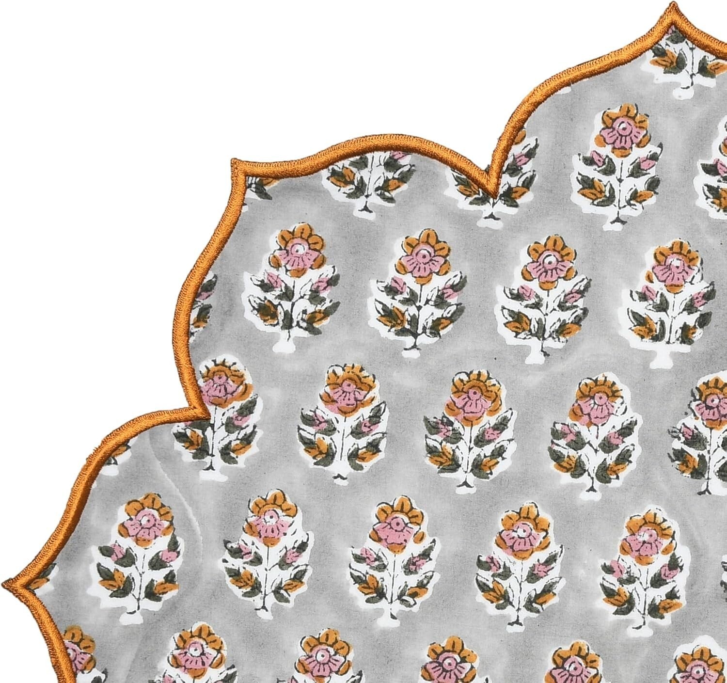 Set of 4 Cotton Block Printed Flower Placemats - Versatile Round Table Mats