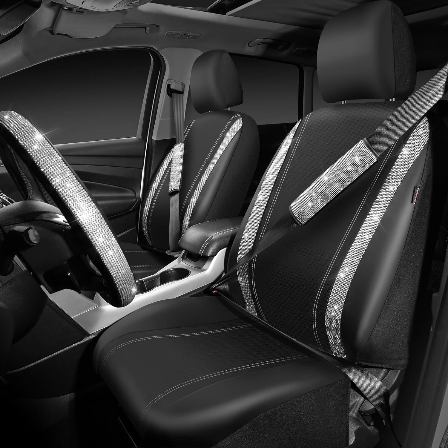 Gorgeous Leather Diamond Seat Covers & Sparkly Steering Wheel Set for Women