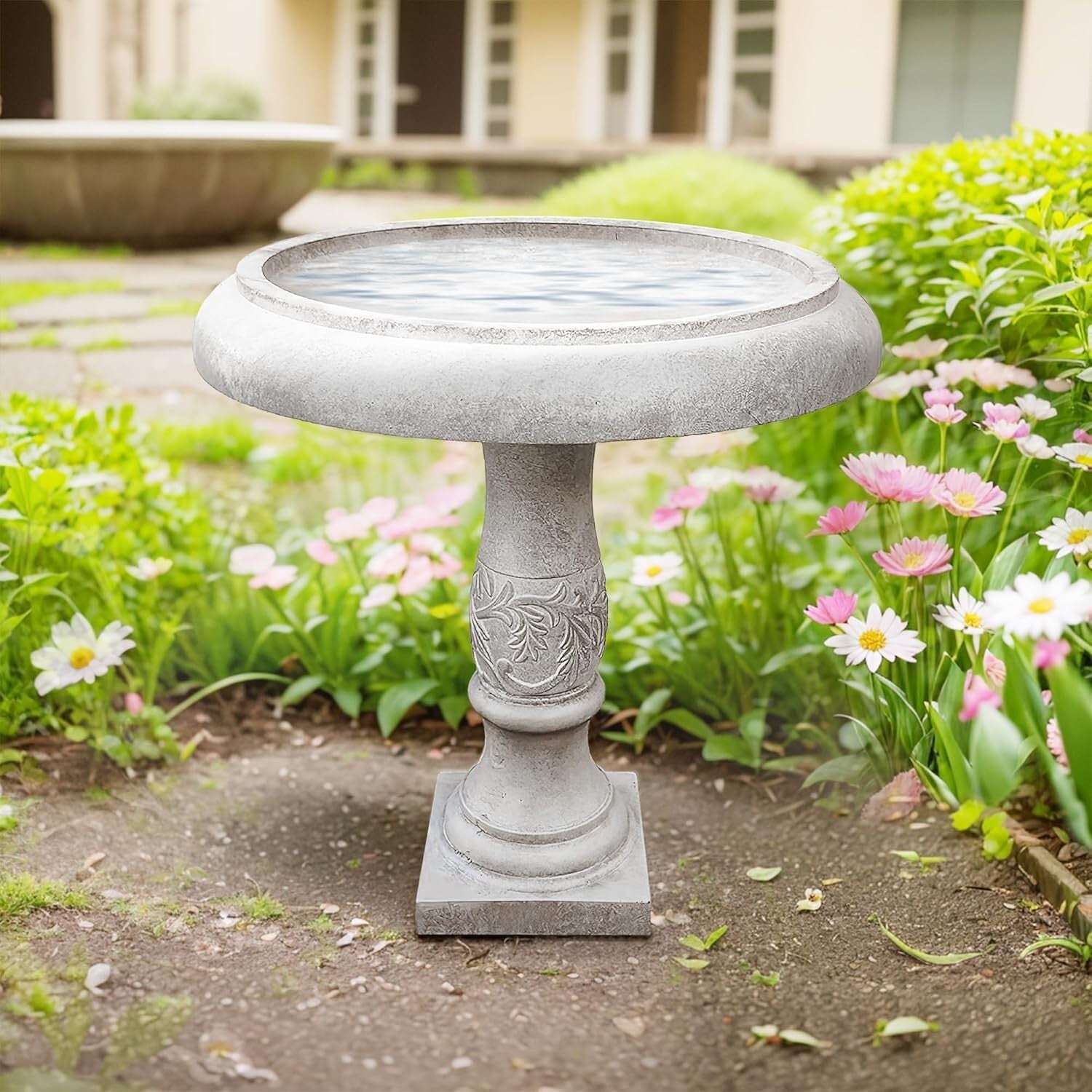 Classic 22.8" Concrete Birdbath with Flower Pattern - Durable Outdoor Beauty