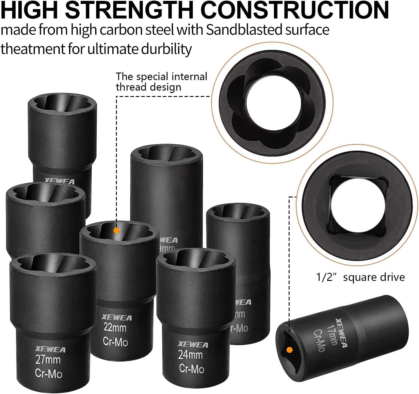9PCS Professional Lug Nut Extractor Set - 1/2" Drive Bolt Removal Tool