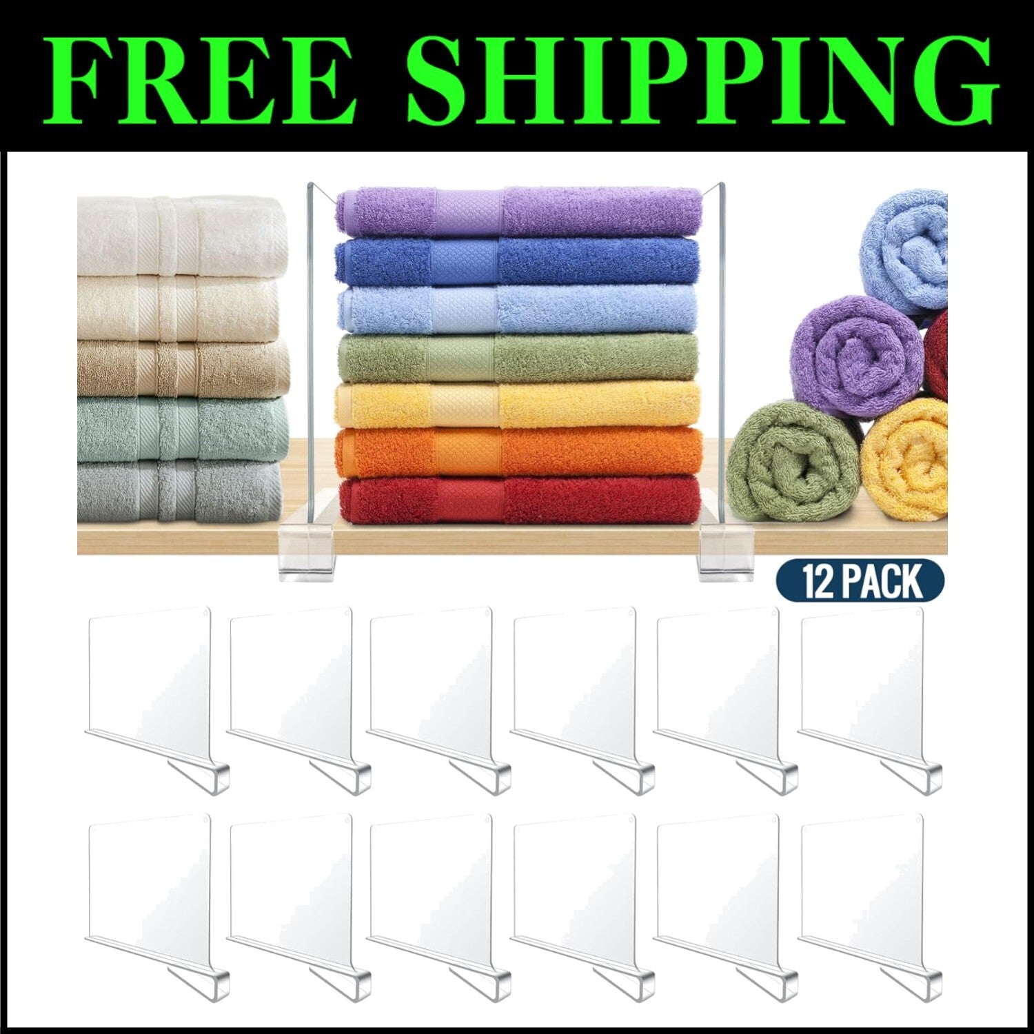 12 Pack Clear Acrylic Shelf Dividers for Stylish Closet and Home Organization