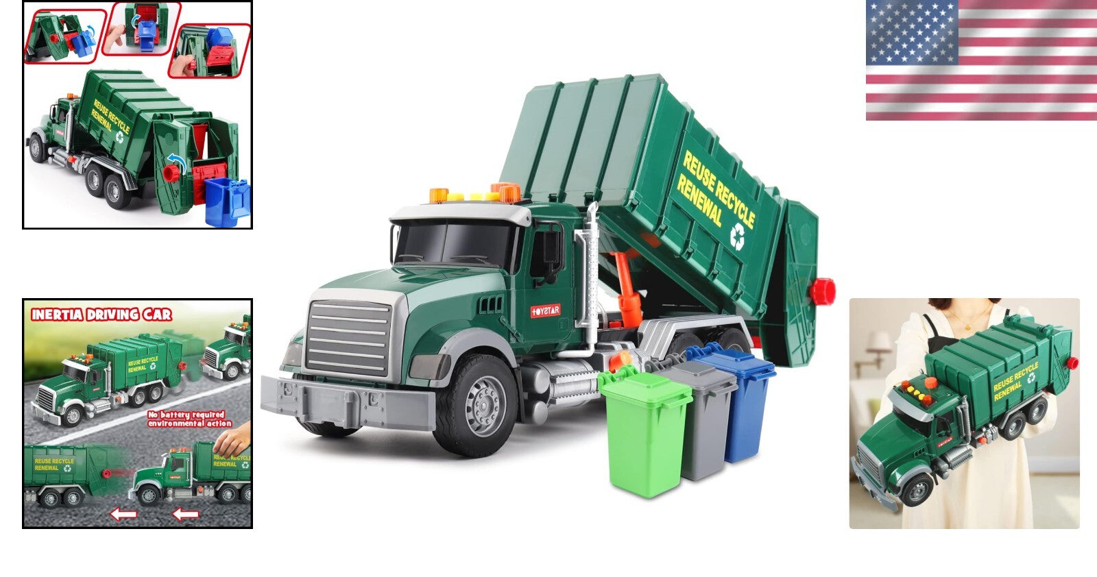 Educational Garbage Truck Toy Set - Lights, Sounds & Trash Cans for Toddlers