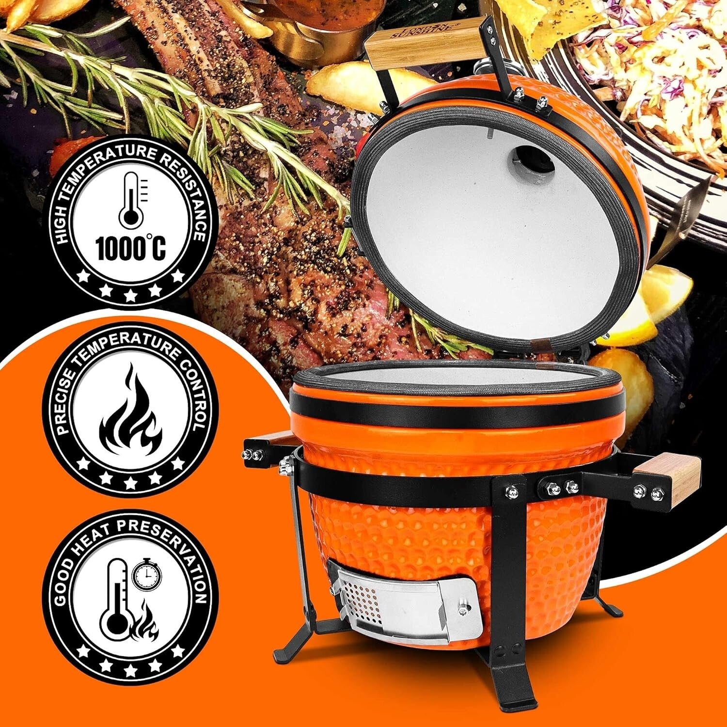 Cadet Series Orange Ceramic Charcoal Grill Smoker - Easy Assembly and Portable