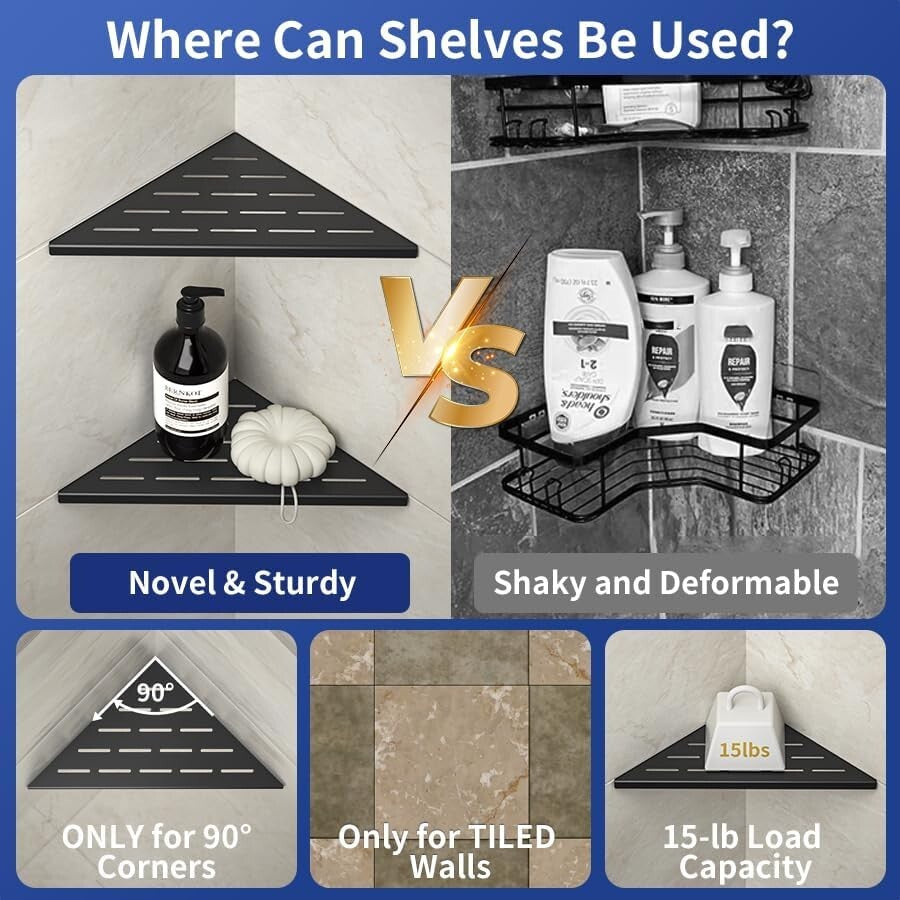 Durable Matte Black Corner Shower Shelves - Stylish 2 Pack for Modern Bathrooms