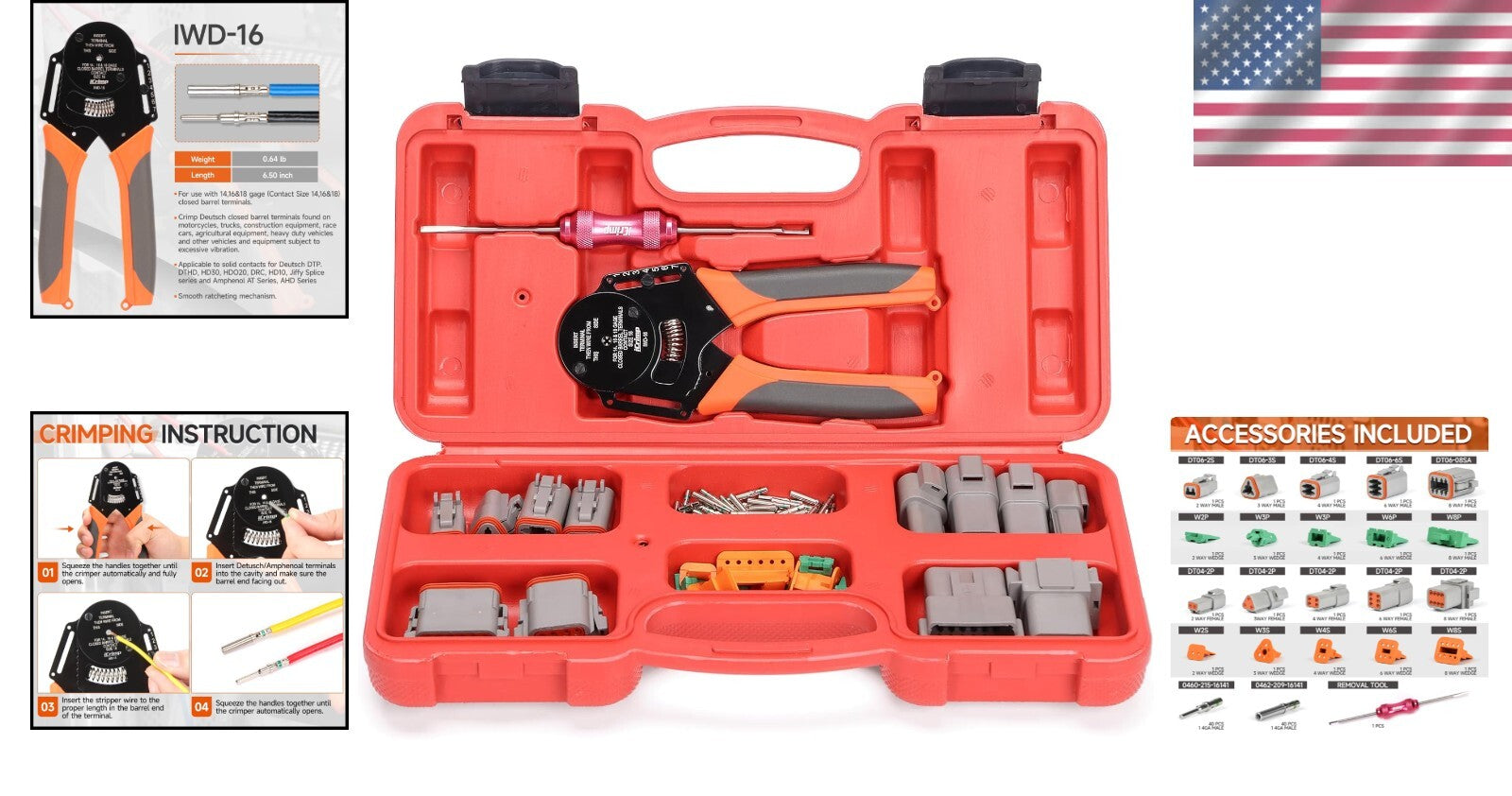 4 Way Indent Hand-Powered Crimper with Adjustable Force & Waterproof Connectors