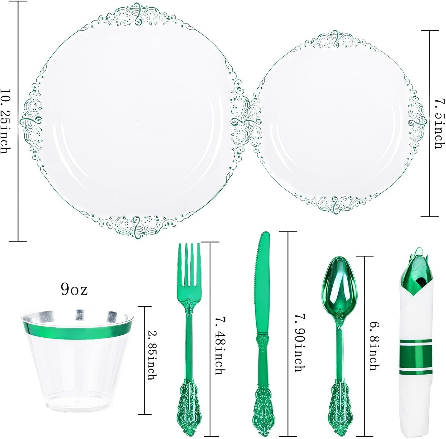 Elegant 175PCS Clear Plate Set with Green Rim - Perfect for St. Patrick's Day