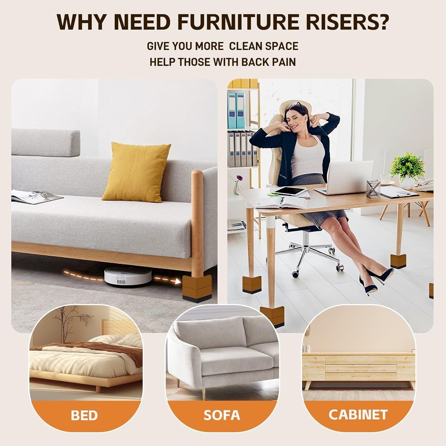 Elegant Brown Furniture Lifts 3-Inch Risers, Perfect for Beds & Sofas - 8 Pack