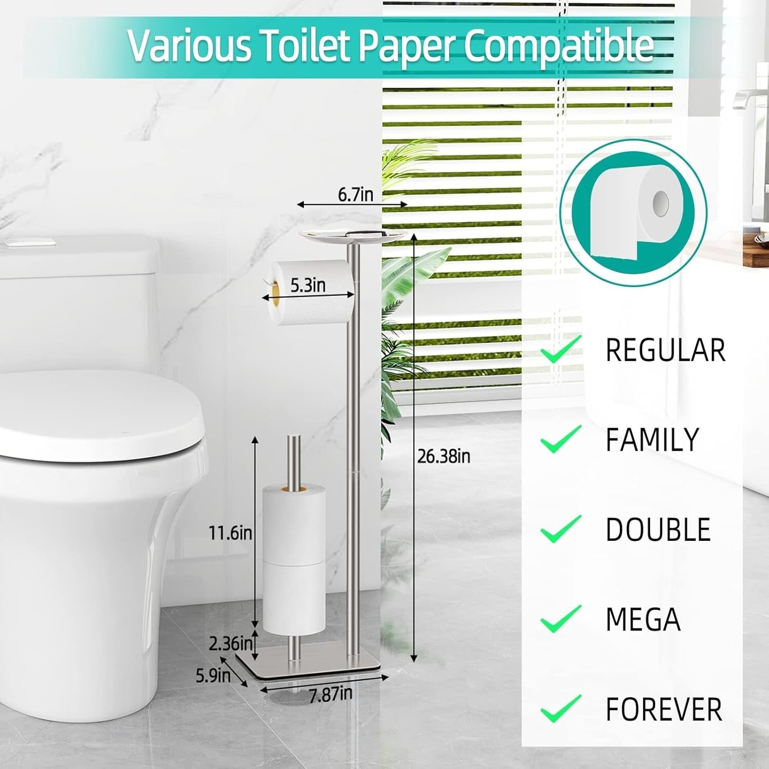 Stylish Free Standing Toilet Paper Holder Stand with 4 Roll Capacity in Brush...