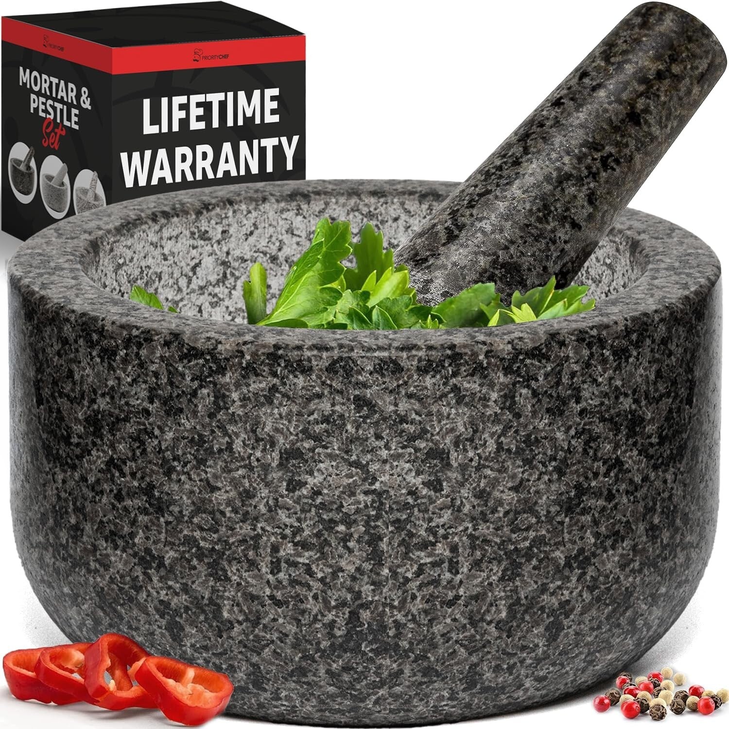Large Black Granite Mortar and Pestle with Non-Slip Features - Stone Grinder