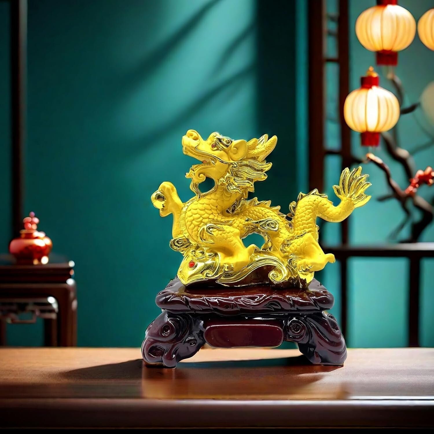 Gold Feng Shui Dragon Statue | 7.7 x 4 x 8 in | Good Luck Decor at Home & Office