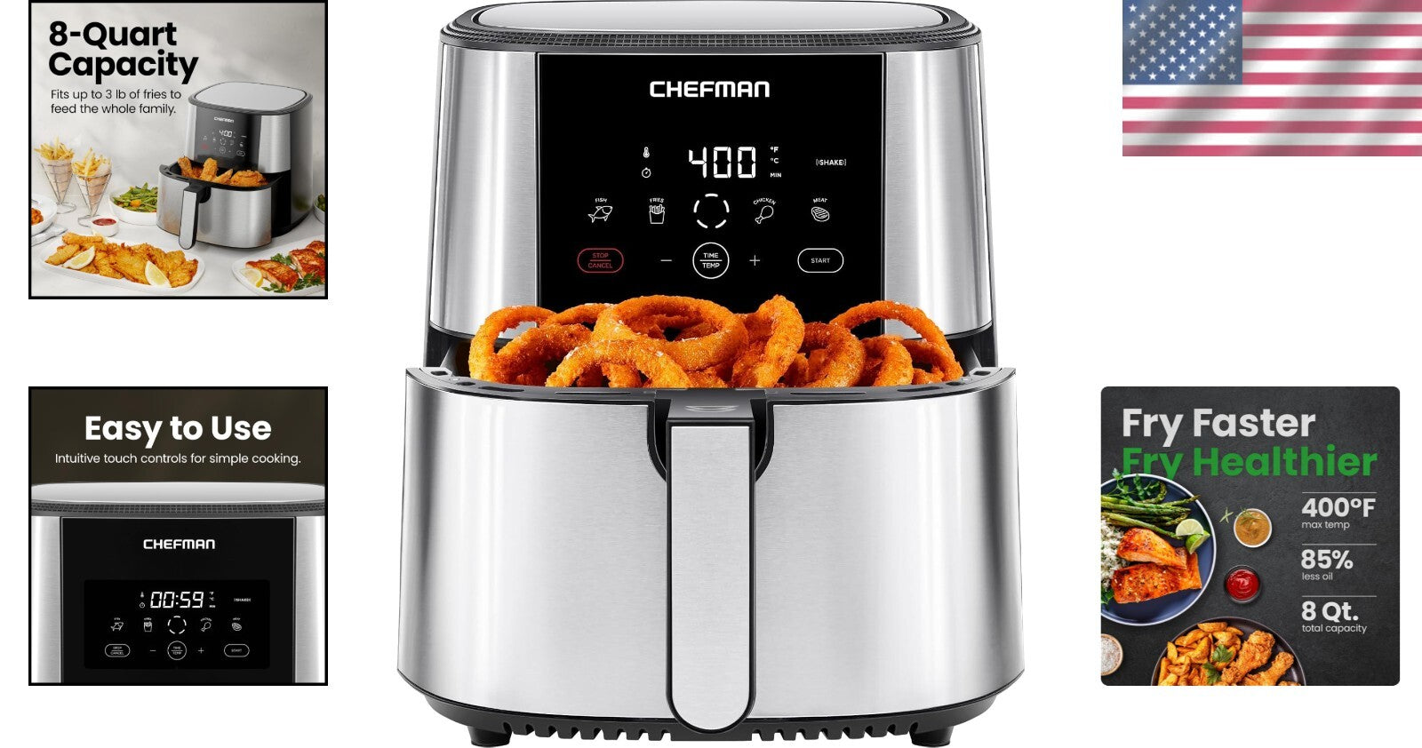 Family-Sized 8-Qt TurboFry Air Fryer - Effortless Cooking with Stainless Steel