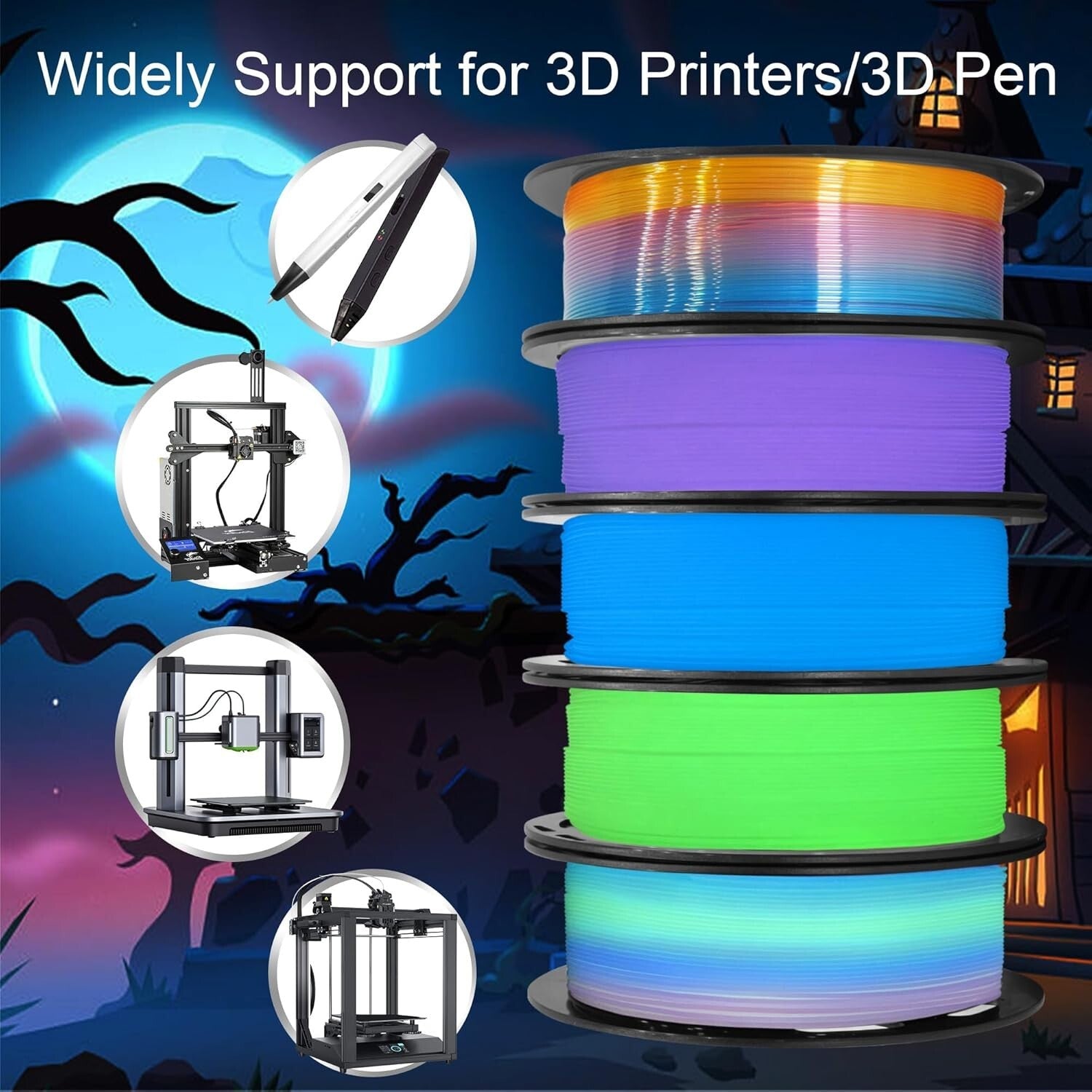 1.25kg Glow in Dark 3D Filament Bundle - 5 x 250g Spools for Creative Projects