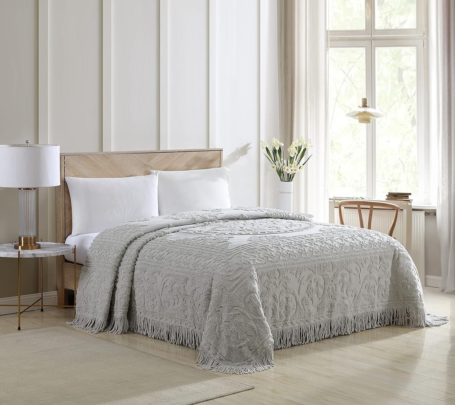 Traditional Gray Chenille Bedspread with Medallion Design for King Beds