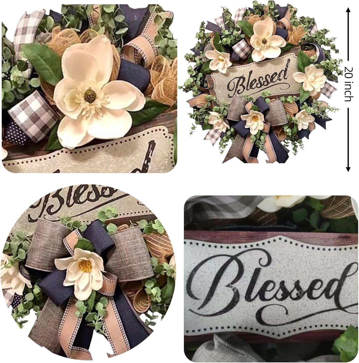 Farmhouse Magnolia Front Door Wreath with 'Blessed' Plaque for All Seasons