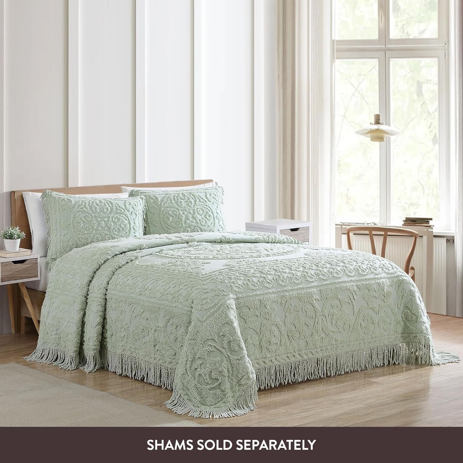 Luxurious King Size Chenille Bedspread in Sage - Traditional Medallion Design