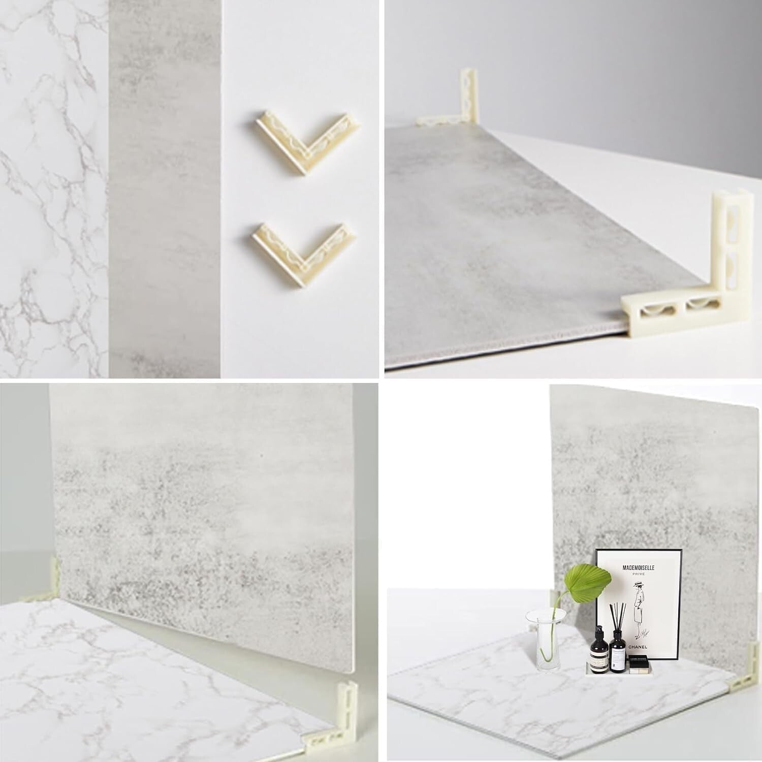 2 PCS White Marble & Cement Photo Backdrop Boards with Brackets for Photography