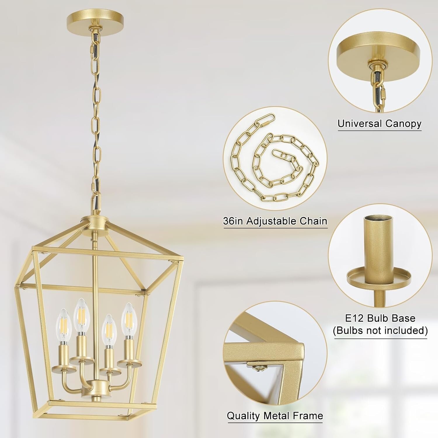 Stylish 4-Light Gold Industrial Chandelier with Adjustable Height for Indoor Use