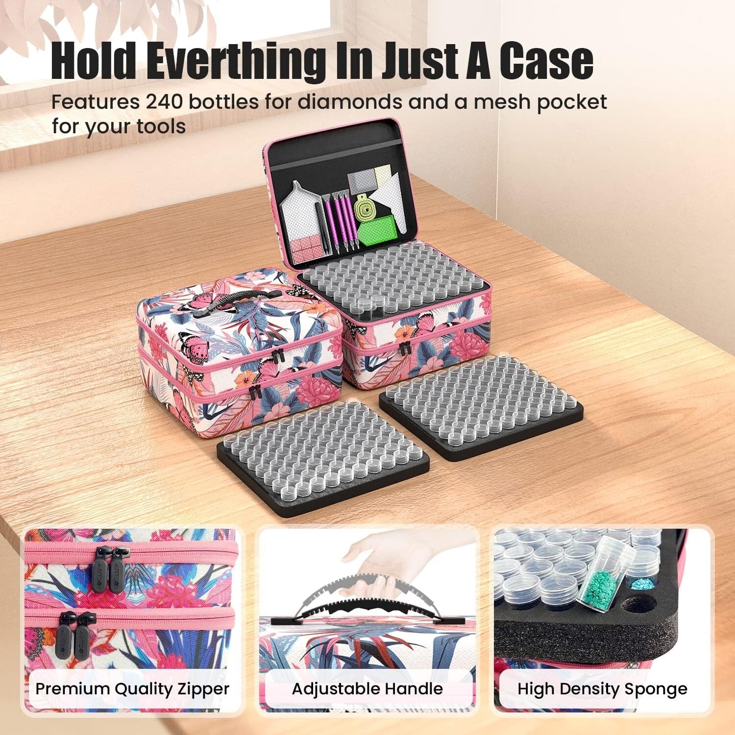 Durable Pink 240 Slots Diamond Art Organizer with Complete Tool Kit Included