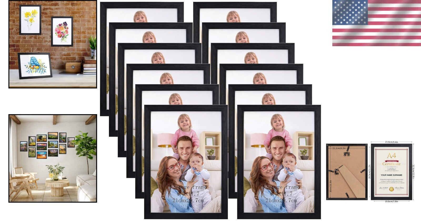 Elegant A4 Black Picture Frame Set of 12 for Stylish Wall and Tabletop Displays