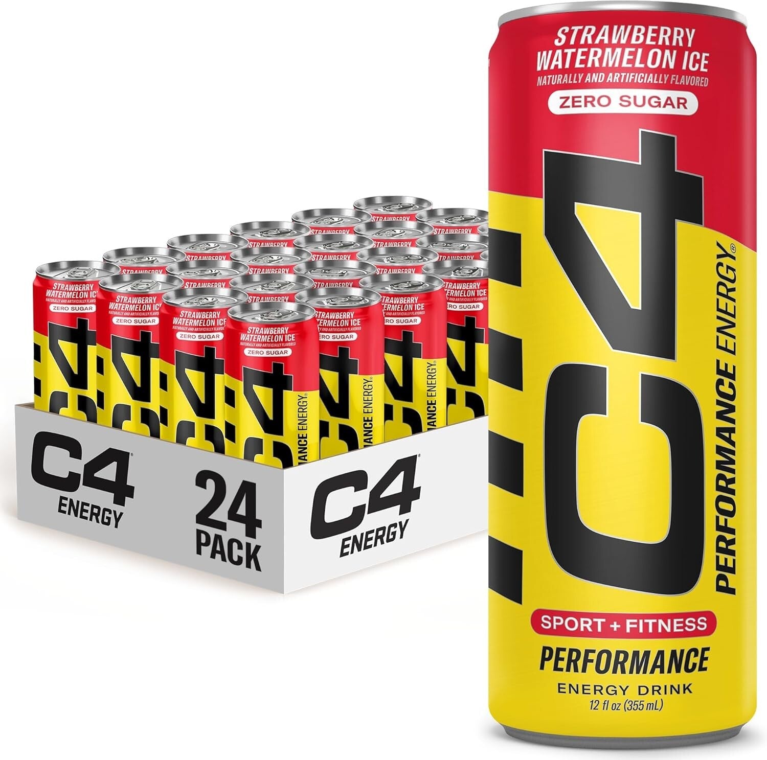 C4 12oz Strawberry Watermelon Ice Energy Drink - Pack of 24, No Sugar, No Dyes