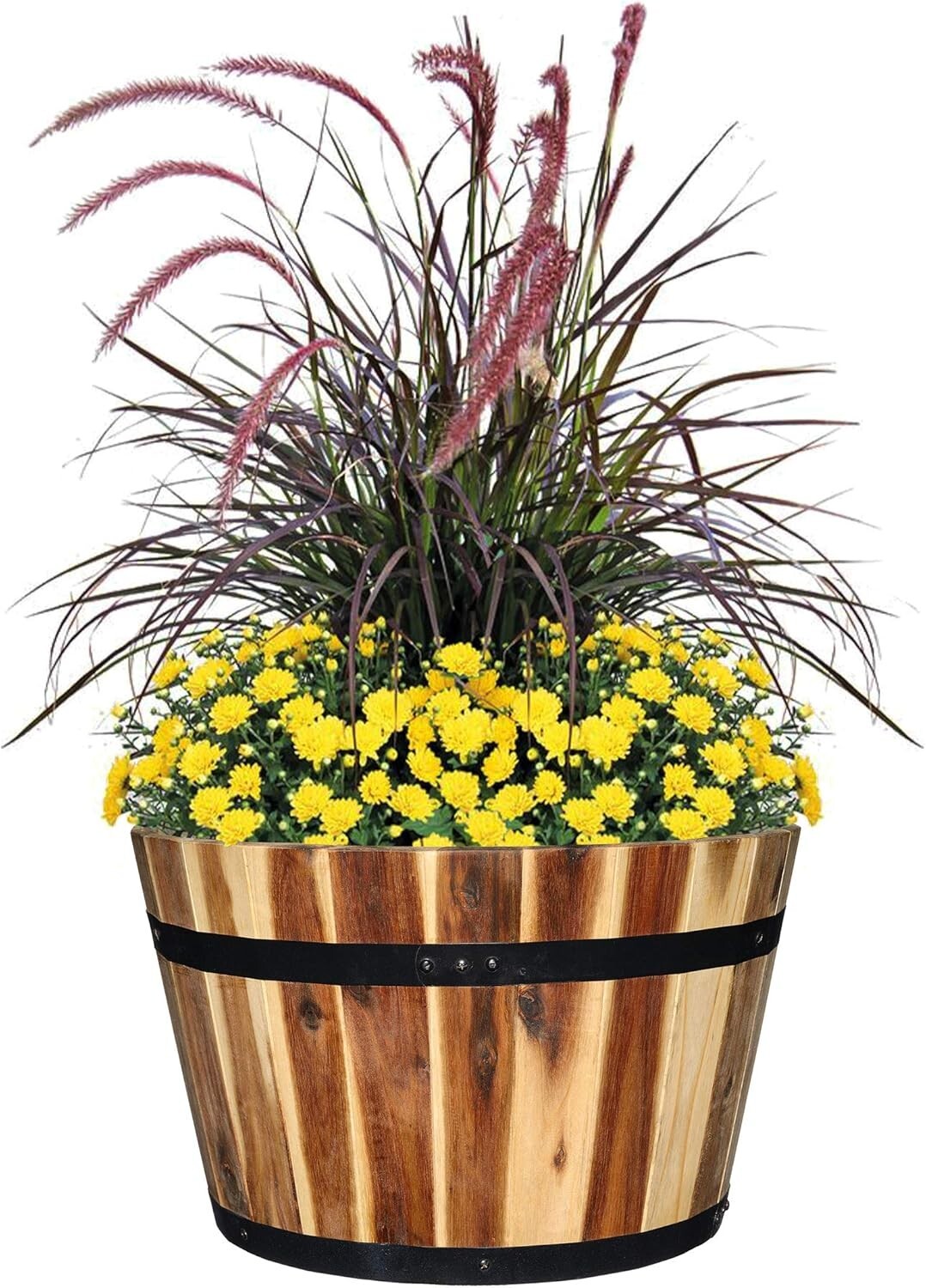 Durable 15.75" Acacia Wood Planter with Rustic Metal Band - Perfect for Gardens