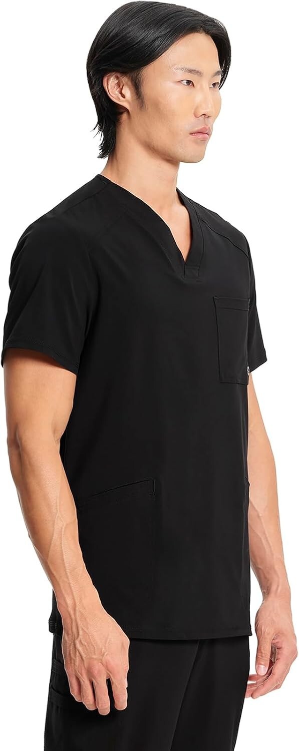 Stylish V-Neck Scrub Top for Men with Chest Pocket and Knit Back Panels