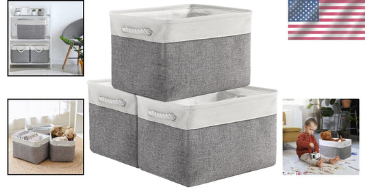 3 Pack Fabric Storage Bins in White & Grey - 16x12x12 Inches for Organization