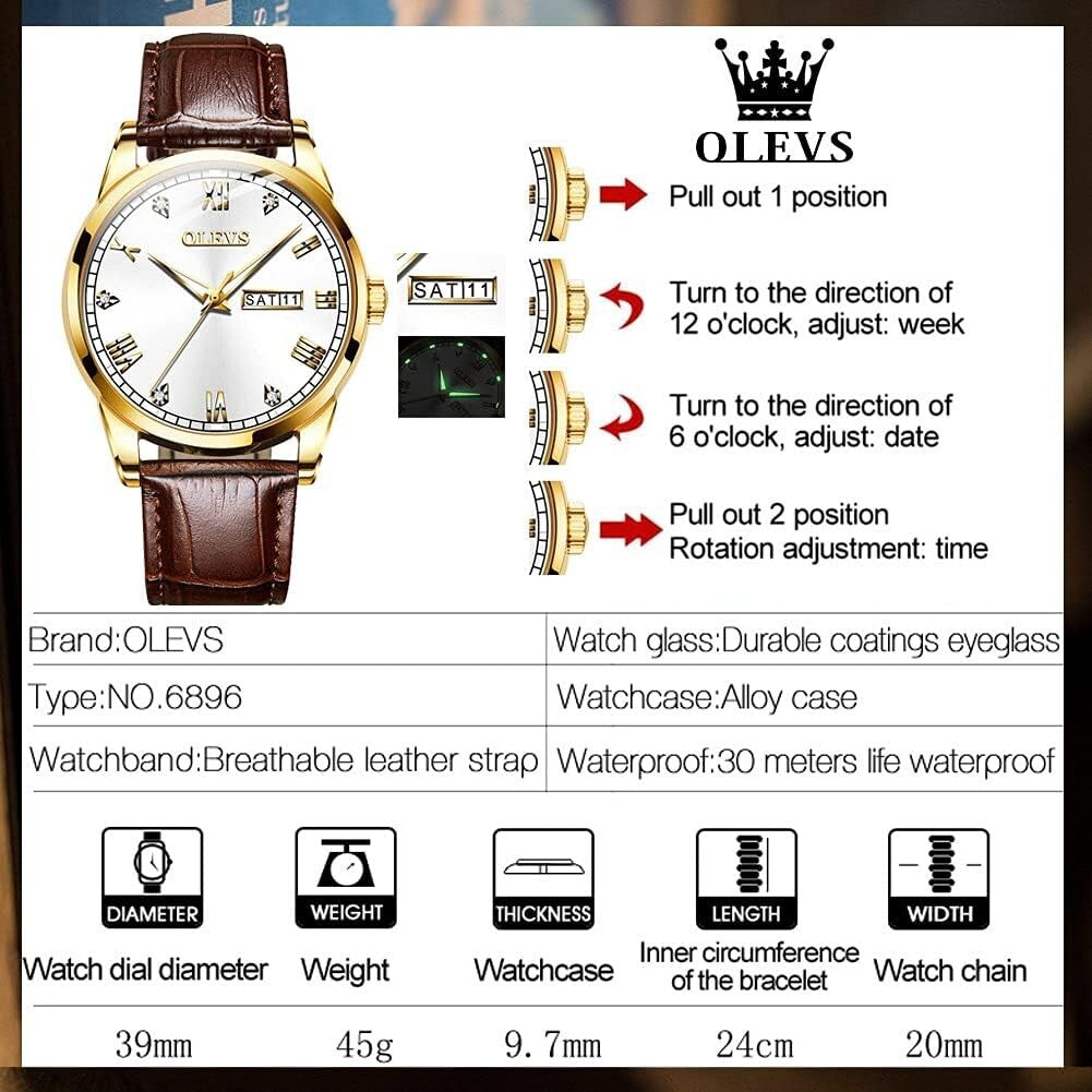 Elegant 39mm Brown Leather Dress Watch with Gold Case & Waterproof Feature
