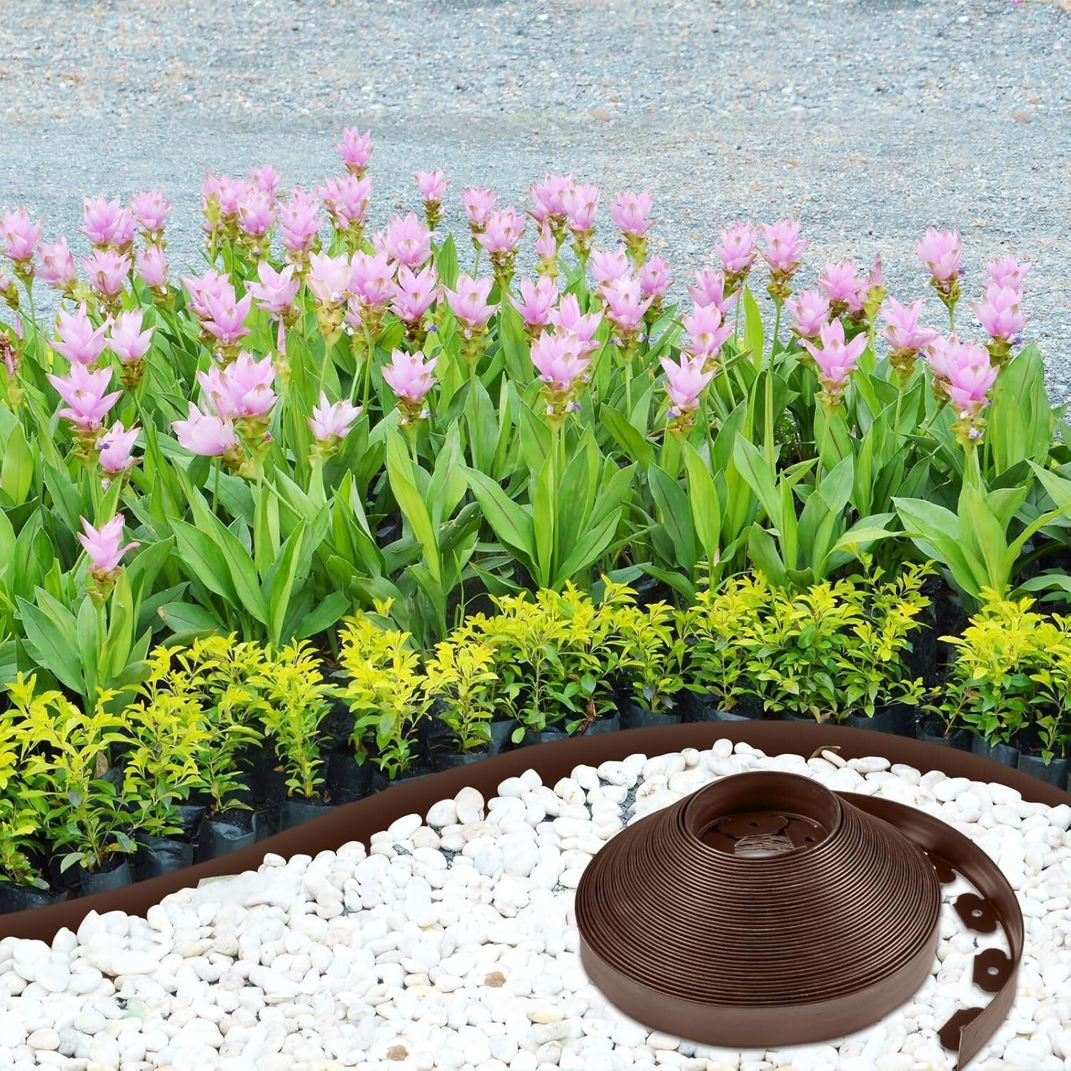 200 Feet Lawn Edging Kit with Anchoring Spikes - Stylish Brown Plastic Design