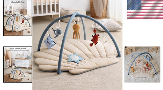 Boho Ocean-Themed Baby Play Gym Mat with 6 Sensory Toys for Early Development