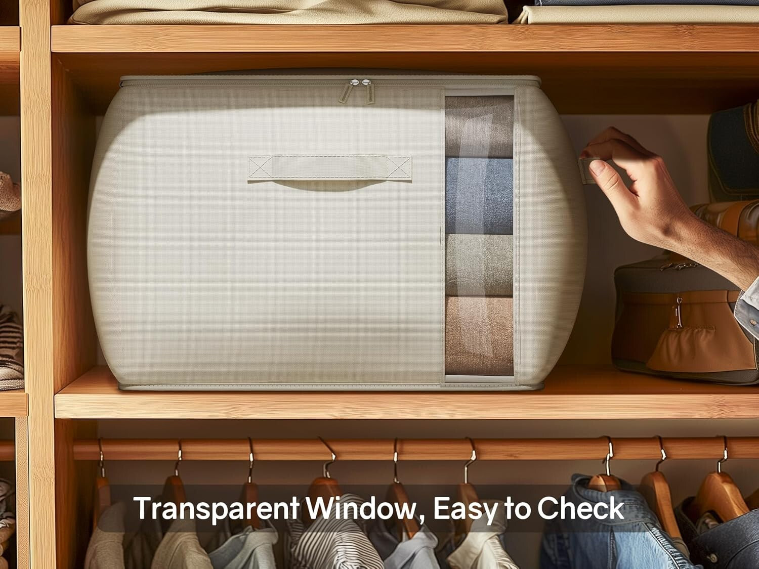 Spacious 70L Foldable Cotton Linen Storage Bags with Zipper & Side Window, Beige