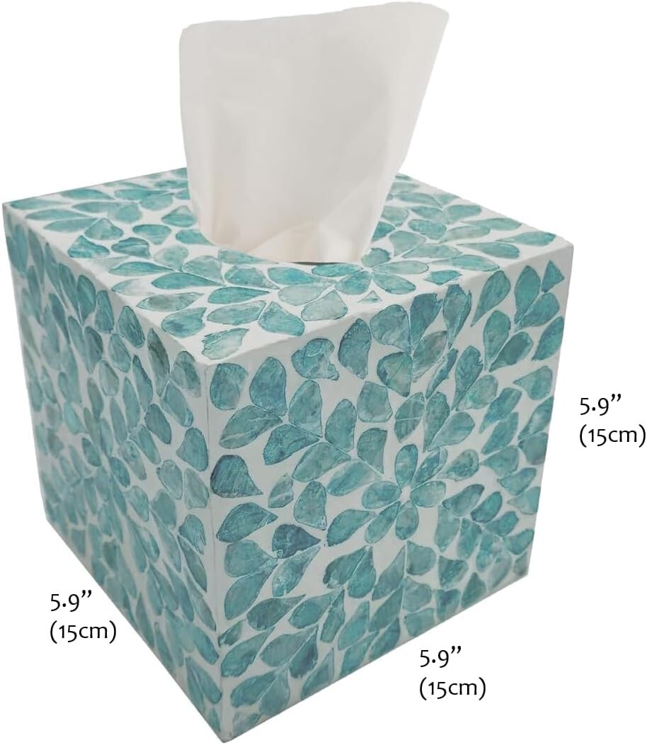 5.9-Inch Mother of Pearl Cube Tissue Box Cover - Rustic Teal Floral Decor