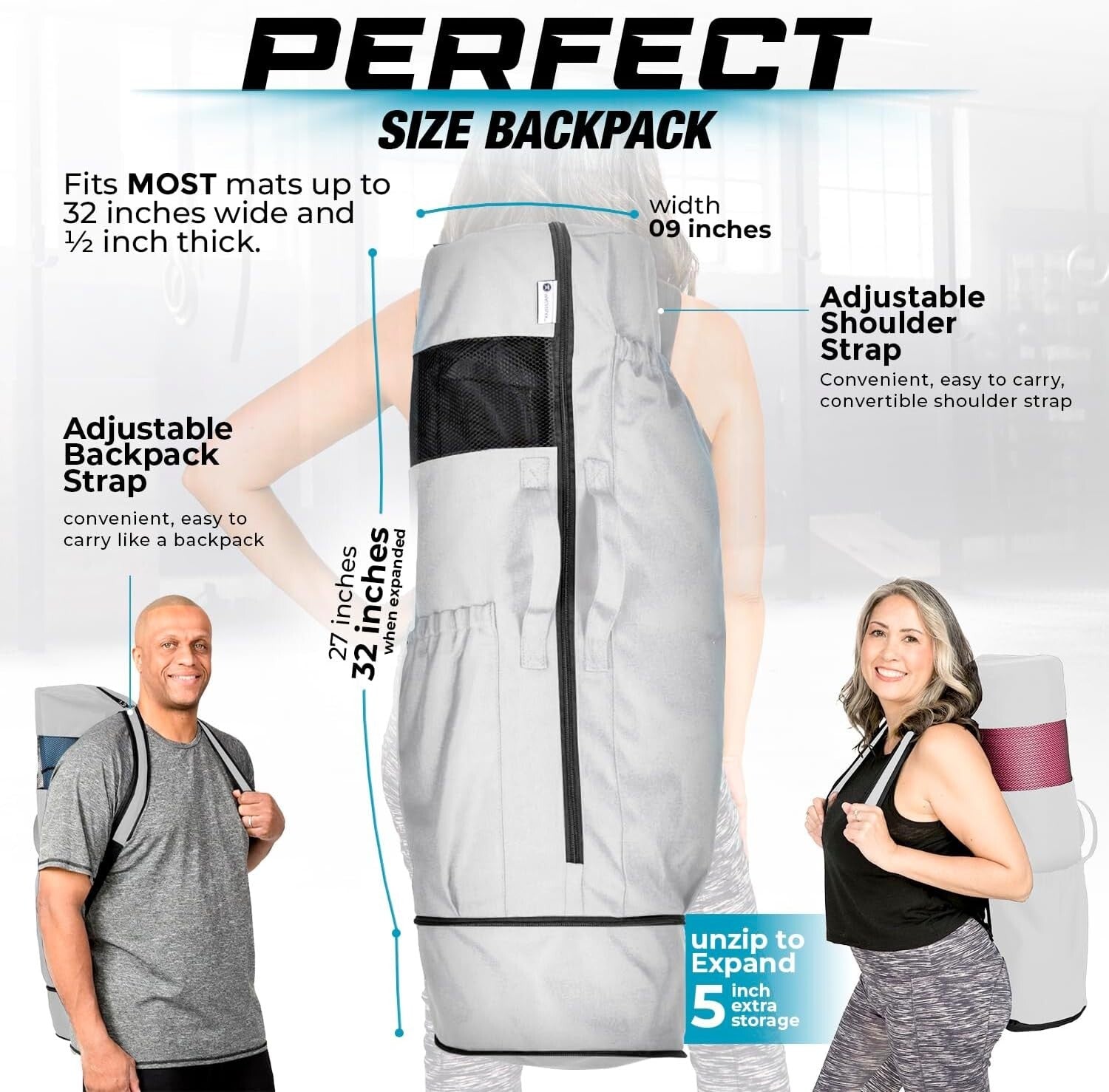 Water-Resistant Yoga Bag - Fits 32" Mats, Adjustable Backpack & Pockets Included