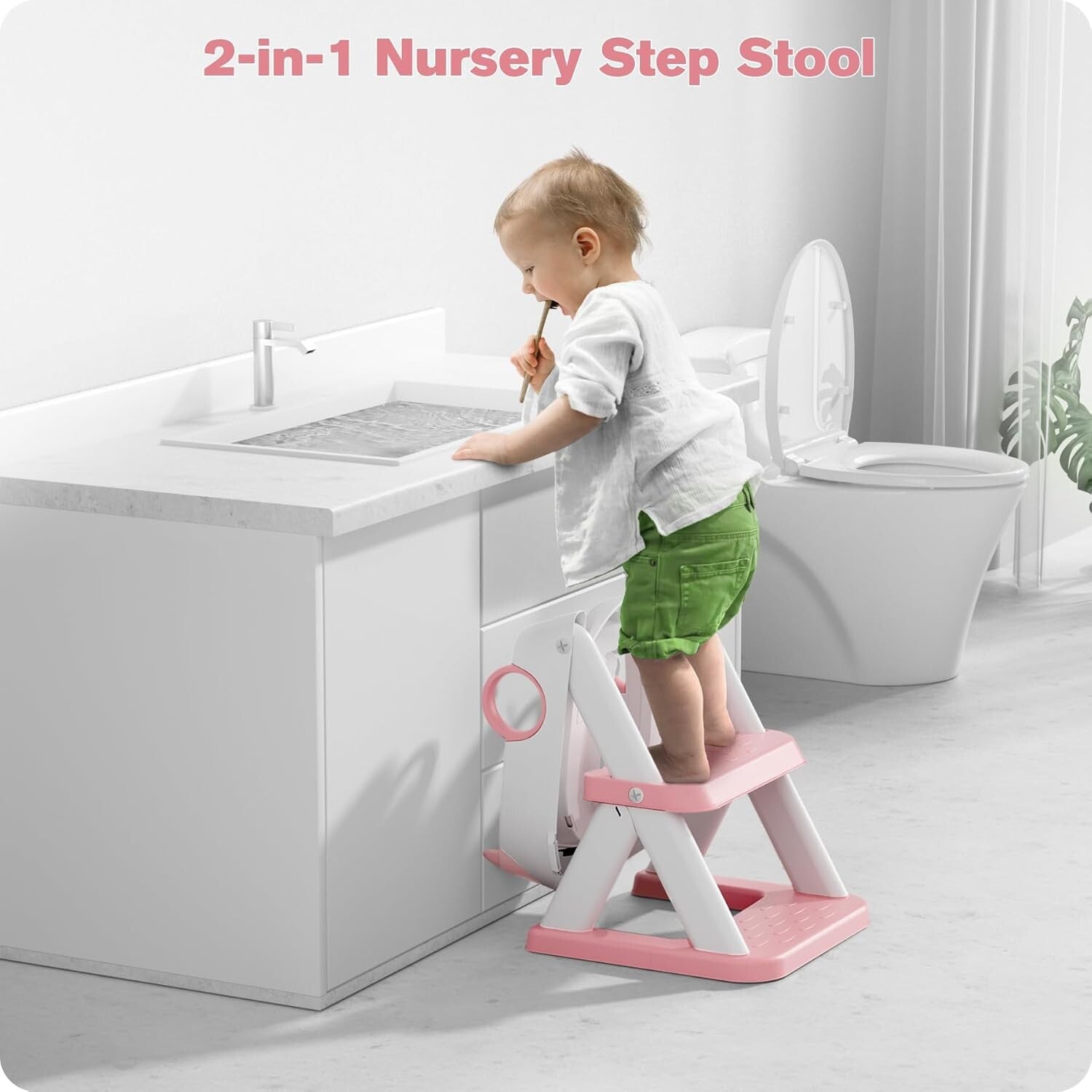 2 in 1 Pink Potty Training Seat with Adjustable Height & Anti-Slip Step Stool