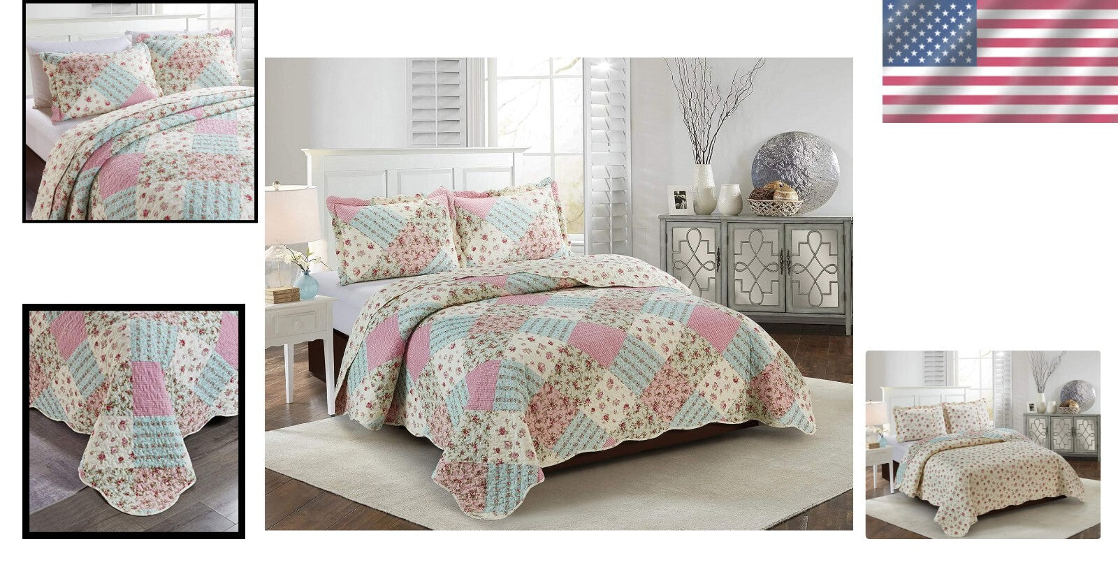 Elegant 3-Piece Rose Quilt Set for All-Season Comfort - Full/Queen Size