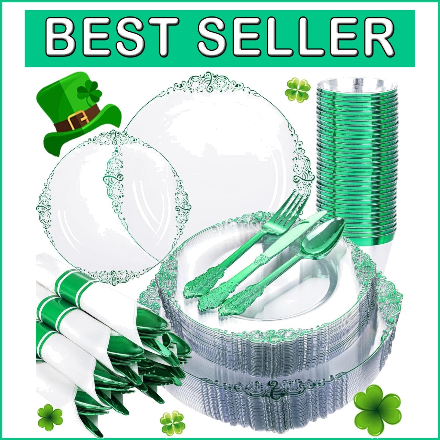 Elegant 175PCS Clear Plate Set with Green Rim - Perfect for St. Patrick's Day