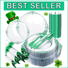 Load image into Gallery viewer, Elegant 175PCS Clear Plate Set with Green Rim - Perfect for St. Patrick's Day
